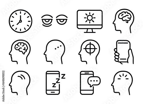 Screen Time Icons. Outline vector icons of screen time and brain health: clock face, tired eyes, blue light