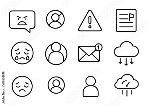 Cyberbullying Icons Grid. Outline vector icons of cyberbullying and digital stress: angry comment, blocked