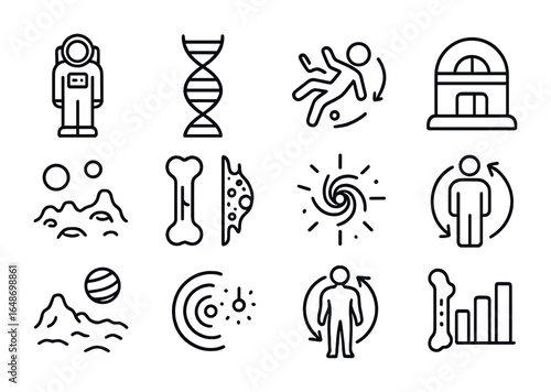 Human Evolution in Space. Outline vector icons of human evolution in space: astronaut figure, DNA strand, zero