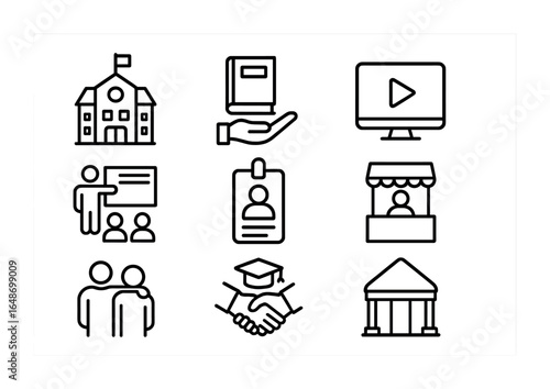 Educational Support Icons. Outline vector icons of educational support initiatives: school building, book