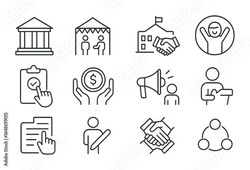 Community Engagement Icons. Outline vector icons of community engagement: town hall icon, local event, school