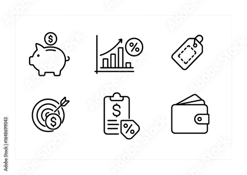 Budgeting Icon Set. Outline vector icons of budgeting and saving: piggy bank, savings chart, discount icon,