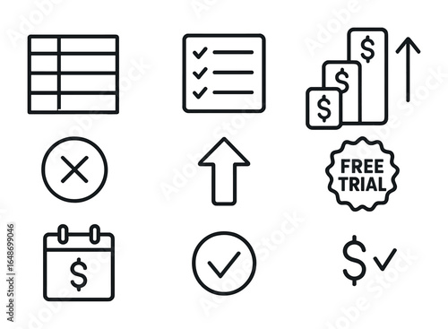 Subscription Icons Grid. Outline vector icons of subscription plan comparison: tier chart, feature list,