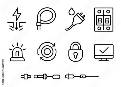 EV Charging Safety Icons. Outline vector icons of EV charging safety features: ground fault detector,