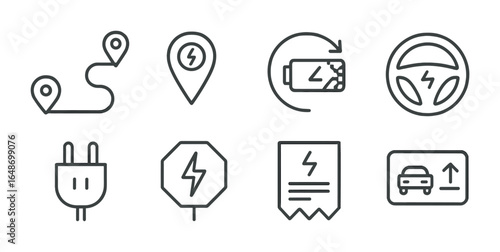 EV Trip Icons. Outline vector icons of EV road trip essentials: route planner, charger locator, range icon, EV