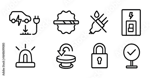 EV Charging Safety Icons. Outline vector icons of EV charging safety features: ground fault detector,