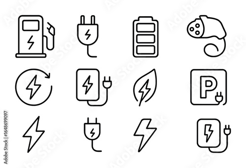 EV Charger Icons Grid. Outline vector icons of electric vehicle chargers: charging station, EV plug, battery