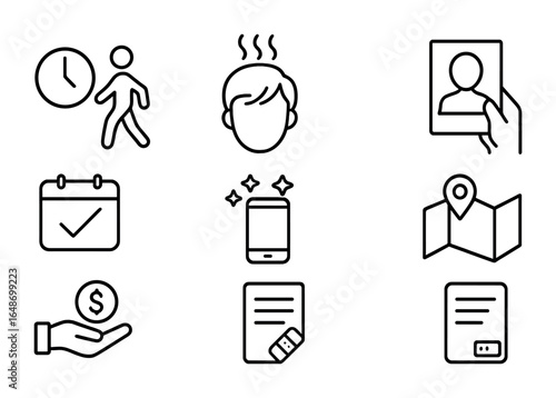 Salon Checklist Icons. Outline vector icons of pre-appointment checklist: arrive early icon, clean hair, bring