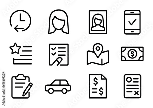 Salon Checklist Icons. Outline vector icons of pre-appointment checklist: arrive early icon, clean hair, bring