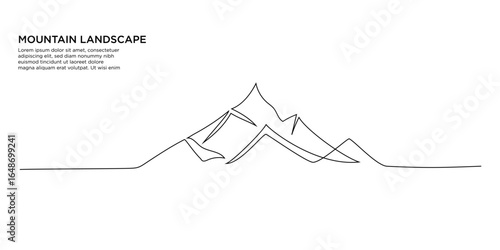 One continuous line drawing of mountain range landscape. Web banner with mounts in simple linear style. Adventure winter sports concept isolated on white background.