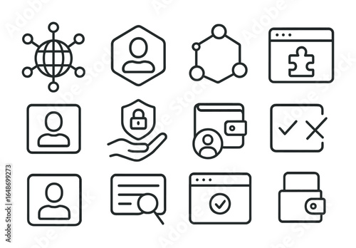 Web3 Tech Icons. Outline vector icons of Web3 technology: decentralized web, user ID token, dApp icon, browser