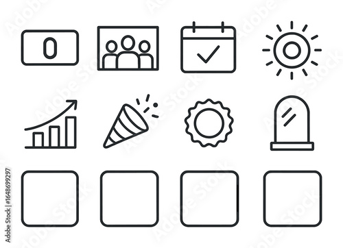 Office Milestone Icons. Outline vector icons of office milestone moments: year marker, team photo, calendar