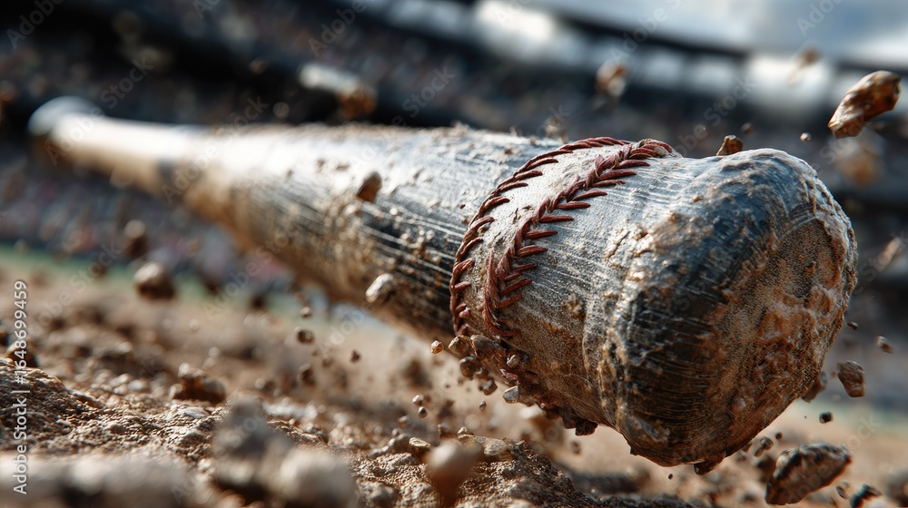 Fototapeta premium Close-up of a muddy baseball bat in motion, dirt flying, stadium blurred in background