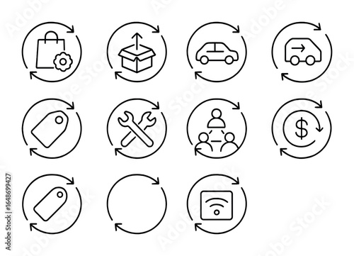Circular Business Icons. Outline vector icons of circular business models: product-as-a-service, take-back