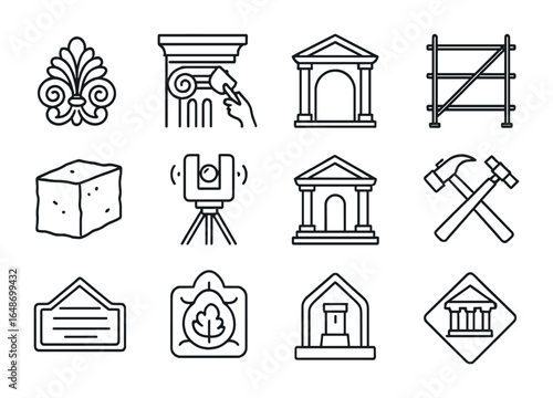Architectural Restoration Icons. Outline vector icons of architectural restoration: ornamental detail, cornice