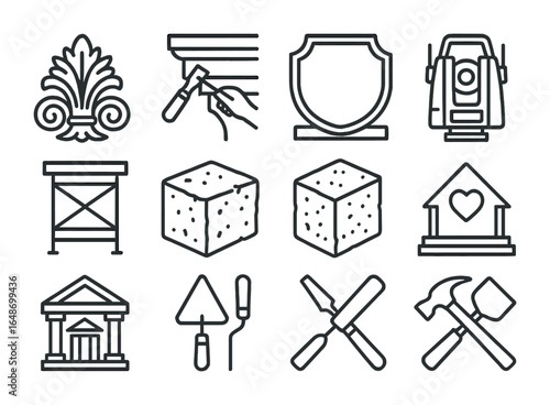 Architectural Restoration Icons. Outline vector icons of architectural restoration: ornamental detail, cornice