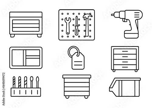 Tool Storage Icons. Outline vector icons of tool storage and organization: tool chest, wall pegboard, drawer