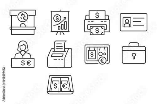 Money Exchange Icons. Outline icon set of money exchange services: exchange counter, rate chart, money