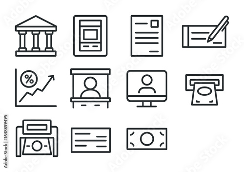 Banking Icon Set. Outline icon set of banking and finance: bank building, ATM, deposit slip, checkbook,