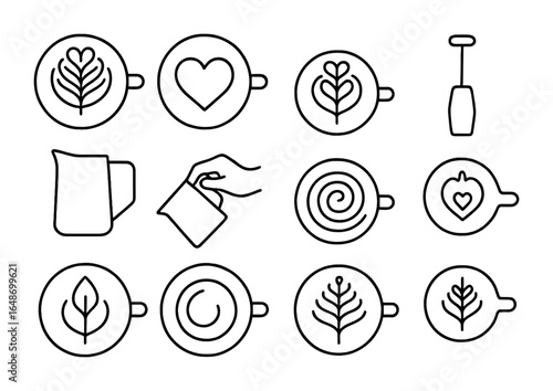 Latte Art Icons. Outline icon set of latte art techniques: rosetta design, heart shape, tulip pattern, milk