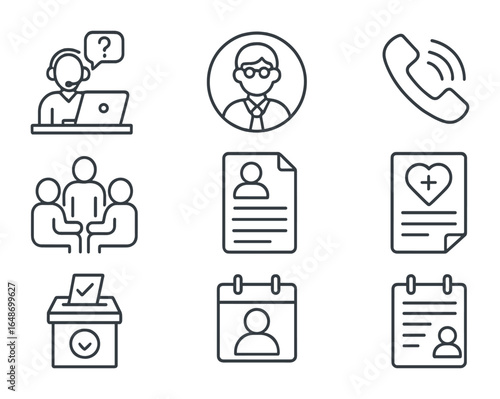 Employee Support Icons. Outline icon set of employee assistance programs: help desk, counselor profile,