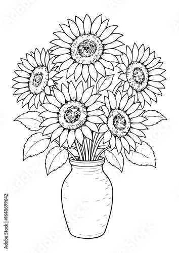 Coloring Book Flower, Bright and bold sunflowers in a rustic wooden vase, illustrated in black and white line art for coloring.
