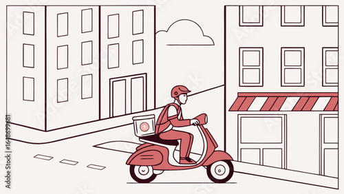Food delivery service with scooter in city street for online order and fast shipping vector illustration
