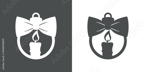 Tiempo de Navidad. Logo con silueta de bola de navidad con lazo de cinta y vela de cera para tarjetas y felicitaciones
