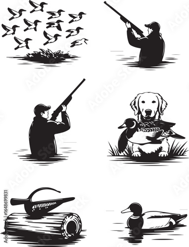 Hunter aims shotgun at flock of ducks with loyal dog companion
