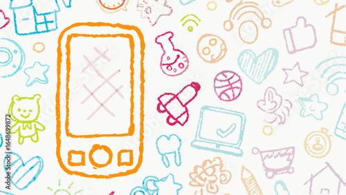 Hand drawn style illustration featuring a smartphone and various doodle icons scattered around it