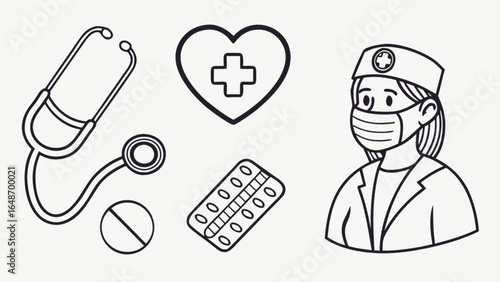 Healthcare medical nurse doctor stethoscope heart pills medicine vector line art illustration design graphic