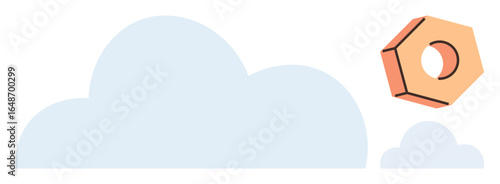 Orange hexagonal gear hovering near stylized blue clouds suggests collaboration, technology, system optimization, innovation. Ideal for technology, creativity, teamwork, digital solutions