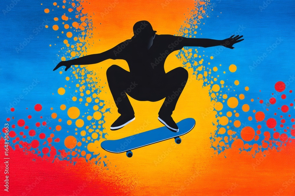 Naklejka premium Silhouette of skateboarder performing trick on colorful background
