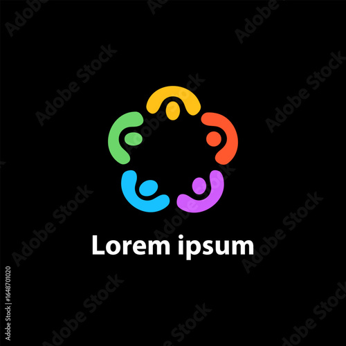 Corporate group meeting logo. People holding hands logotype. International team collaboration icon. Team-building sign. Family and children symbol. Social unity. Colorful flower vector illustration