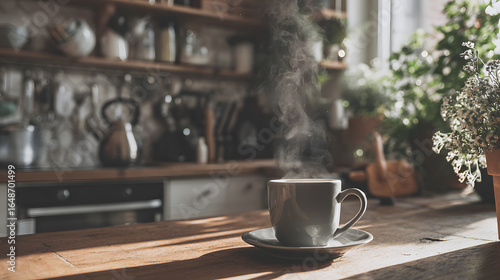 Steaming cup of coffee on a cozy kitchen counter, inviting a moment of relaxation, AI