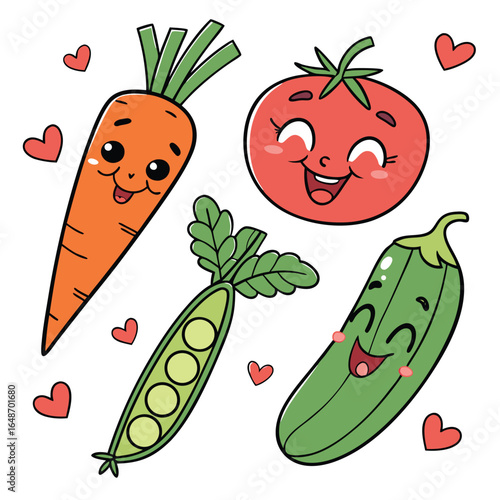 Charming sticker set featuring a variety of smiling anthropomorphic vegetables in a loving and friendly arrangement perfect for food themed designs and children s projects