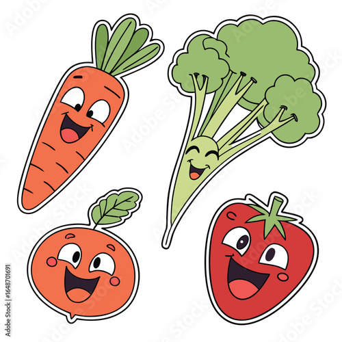 A vibrant sticker set featuring a collection of cheerful smiling vegetables rendered in a playful and colorful vector design suitable for various creative applications