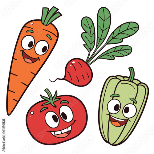 Vibrant and cheerful sticker set featuring a variety of smiling anthropomorphic vegetables in playful poses perfect for adding a touch of fun to any project