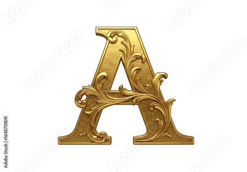 A 3D and vector hybrid of a vintage serif letter “A” in gold with intricate gothic ornamentation