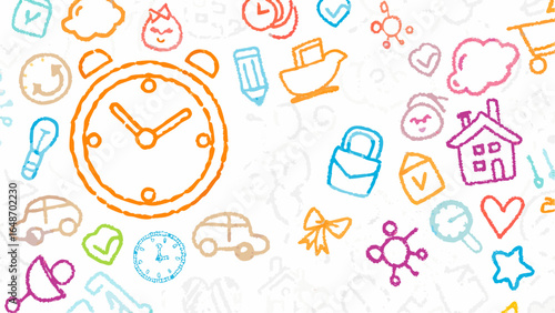 Illustration of colorful doodles including clocks, cars, houses, and other assorted childlike drawings