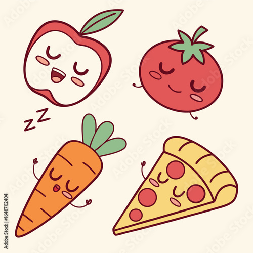 Charming kawaii food sticker set featuring sleepy expressions and vibrant cmyk colors for diverse design applications