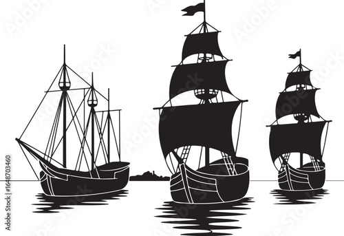 Sailing ships silhouette, voyage across ocean, sea adventure