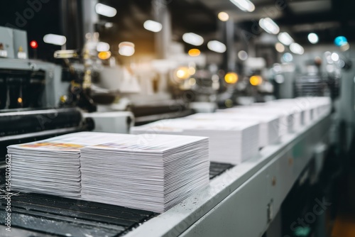 A printing press facility with stacks of paper ready for use An AI control panel is adjusting ink distribution The mood feels smooth and consistent, Generative AI 