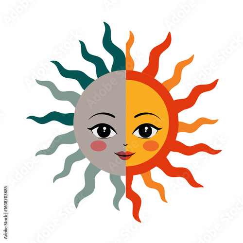 Equal hours icon with smiling sun divided by color representing Autumn equinox day  