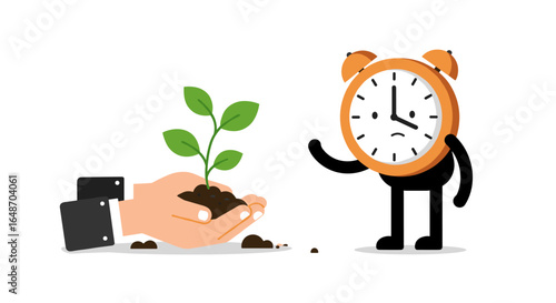 Clock-headed character nurturing plant growth