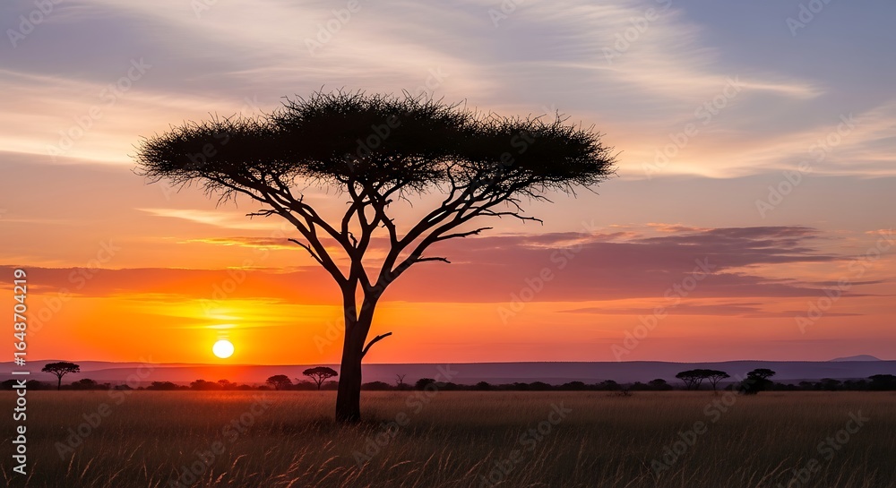 Obraz premium Serene african sunset with a silhouette acacia tree offering a moment of peace