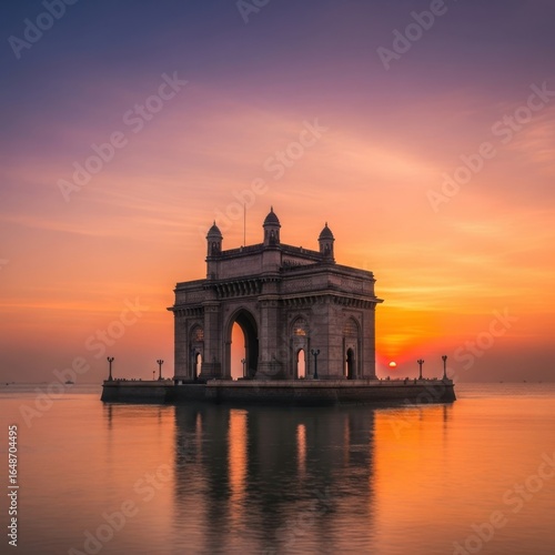 Gateway of India at sunset, Mumbai, India, with vibrant sky and water reflections
