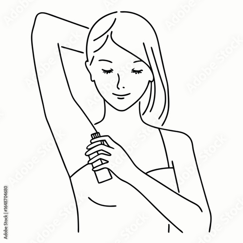 woman applying deodorant under armpit black line drawing for hygiene guide