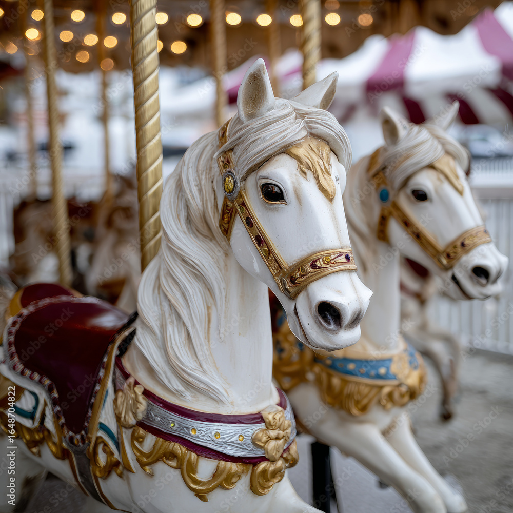 Carousel horses at an amusement park. Carousel horses at an amusement park.