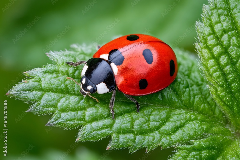 Fototapeta premium Ladybug walking on green leaf in summer sunlight